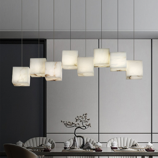 Geometric pendant light with white alabaster shade — artistic hanging lamp