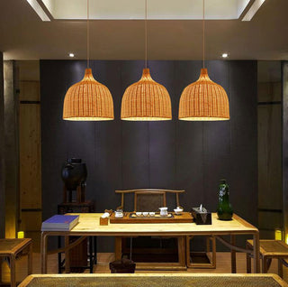 Rattan pendant with bamboo basket shade — boho kitchen