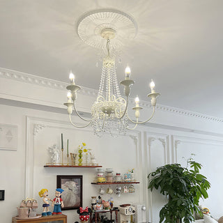 Vintage Chandelier Light – White Metal & Glass Luxury Crystal Tassel Fixture