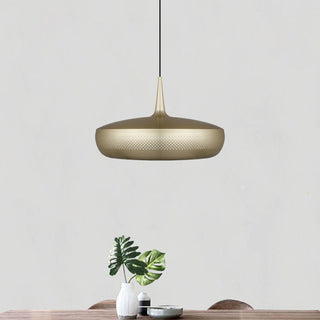 Metal chandelier with warm glow — modern dining room pendant