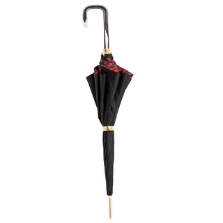 Red zebra print acetate handle luxury women's umbrella close-up handle detail