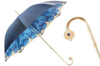 Luxury blue dahlia handmade Italian double cloth brass handle umbrella front