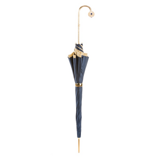 Luxury blue dahlia handmade Italian double cloth brass handle umbrella close-up