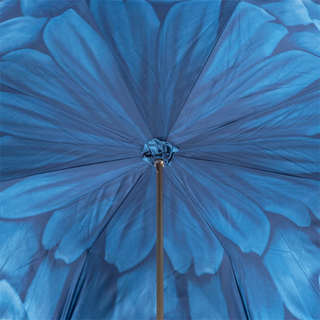 Luxury blue dahlia handmade Italian double cloth brass umbrella open