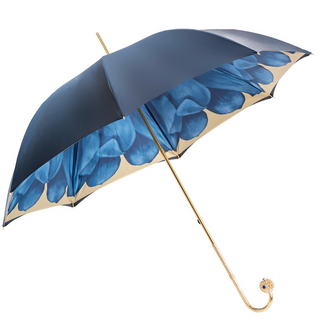 Luxury blue dahlia handmade Italian double cloth brass handle umbrella side