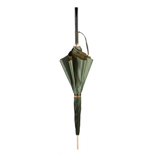 Designer green double cloth Italian wooden handle umbrella close-up