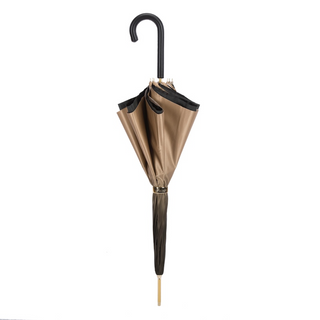 Ivory double cloth striped interior leather handle handmade Italian umbrella close-up