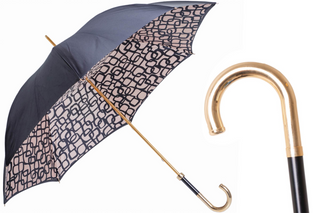 Beige geometric brass handle handmade Italian water-resistant umbrella front view