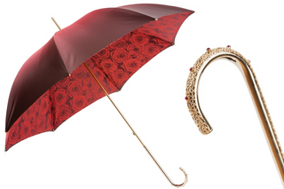 Red roses handmade Italian double cloth jeweled brass handle umbrella front