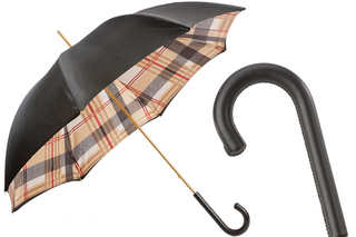 Black double cloth tartan lining leather handle handmade Italian umbrella front