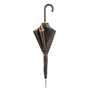 Black double cloth tartan lining leather handle handmade Italian umbrella close-up