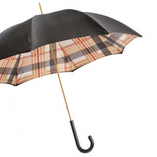 Black double cloth tartan lining leather handle handmade Italian umbrella side