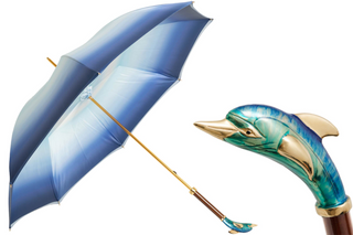 Designer dolphin handmade Italian blue brass handle umbrella front view