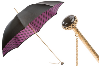 Black jeweled brass handle handmade Italian umbrella purple dot interior front