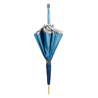 Blue animalier print acetate handle luxury women's umbrella close-up handle detail