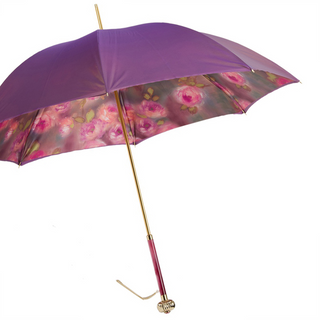 Manual purple roses double cloth jeweled brass handle umbrella side