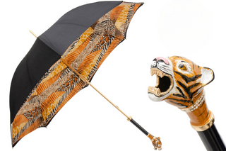 Tiger handle handmade Italian double cloth luxury umbrella front view
