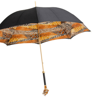 Tiger handle handmade Italian double cloth luxury umbrella side view