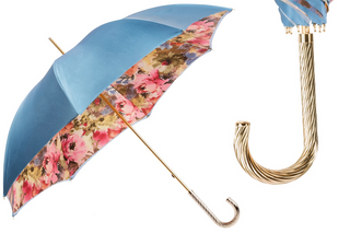 Blue floral double cloth brass handle manual umbrella front view