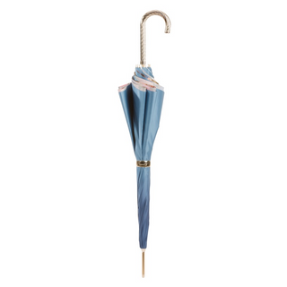 Blue floral double cloth manual umbrella brass handle close-up