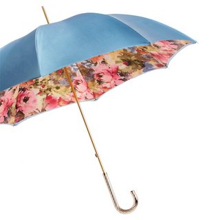 Blue floral double cloth brass handle umbrella side view