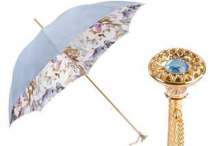 Light blue luxury double cloth butterfly pattern umbrella front view