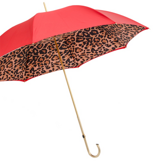 Red leopard double cloth brass handle luxury women's umbrella side view