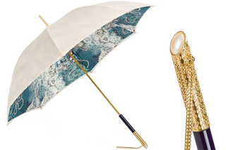 Vintage pearled handmade Italian double cloth jeweled handle umbrella front