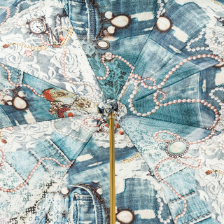 Vintage pearled handmade Italian double cloth jeweled handle umbrella open