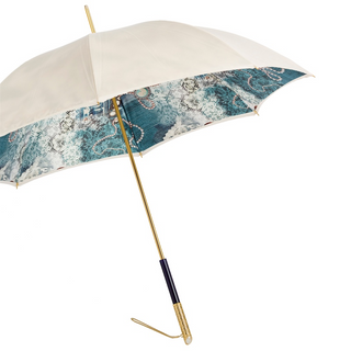 Vintage pearled handmade Italian double cloth jeweled handle umbrella side