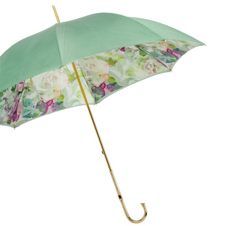 Green pink roses double cloth luxury Italian umbrella side view
