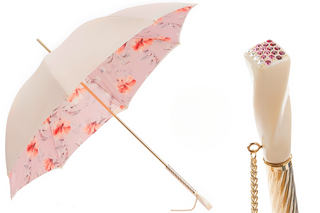 Flowered pink handmade Italian Swarovski crystal umbrella front view