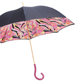 Pink handle manual handmade Italian polyester canopy umbrella side view