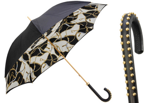 Black double cloth leather handle bridles print handmade Italian umbrella front