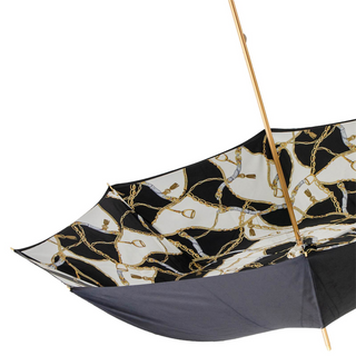Black double cloth leather handle bridles print handmade Italian umbrella top view
