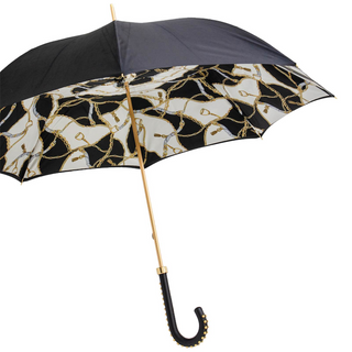 Black double cloth leather handle bridles print handmade Italian umbrella side