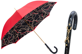 Red equestrian bridles leather stirrup handle handmade Italian umbrella front