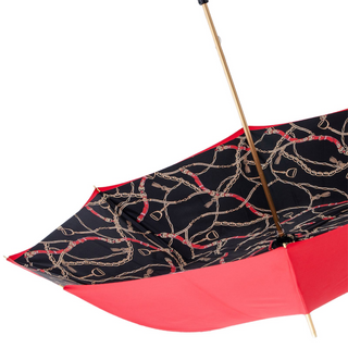 Red equestrian bridles leather stirrup handle handmade Italian umbrella top view