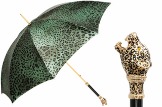 Green leopard panther handmade Italian luxury enameled brass umbrella front