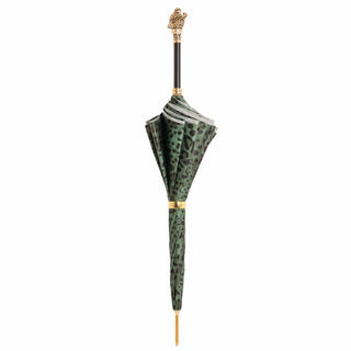 Green leopard panther handmade Italian luxury enameled brass umbrella close-up