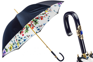 Navy floral handmade Italian double cloth flower print umbrella front