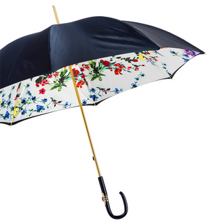 Navy floral handmade Italian double cloth flower print umbrella side