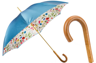 Handmade Italian floral rain umbrella wooden handle gift box front view