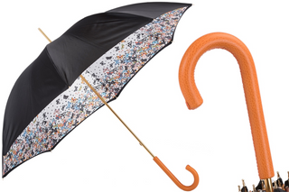 Butterfly print orange leather handle manual handmade Italian umbrella front