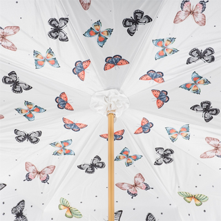 Butterfly print orange leather handle handmade Italian umbrella open canopy