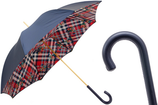 Classic navy leather handle floral pattern handmade Italian umbrella front view