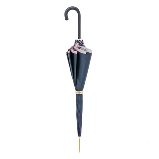 Classic navy leather handle floral pattern handmade Italian umbrella close-up