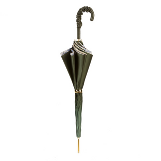 Leopard olive green ruched luxury Italian women's umbrella close-up handle detail