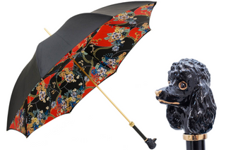 Black poodle handmade Italian enameled brass handle umbrella front view