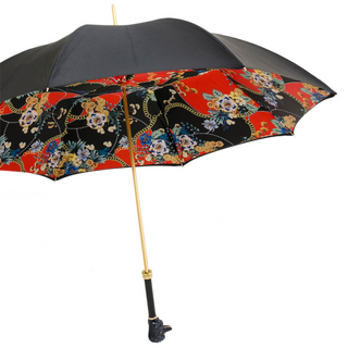 Black poodle handmade Italian enameled brass handle umbrella side view